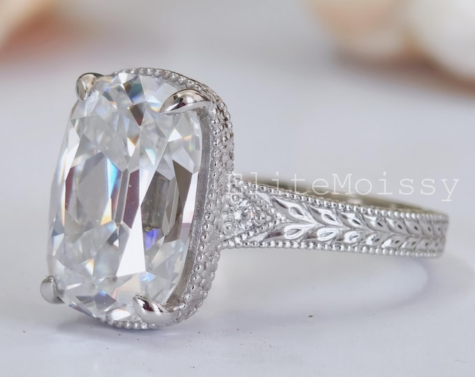 Art Deco Handcrafted Engraved Milgrain Ring, 5CT Old Mine Cushion Cut Engagement Ring, 925 Sterling Silver Antique Wedding Ring for Women