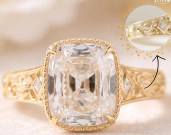 Anillo de compromiso de moissanita talla cojín de mina antigua Anillo de diamantes antiguo Anillo de compromiso de Taylor Swift Anillo Art Déco grabado Anillo vintage
