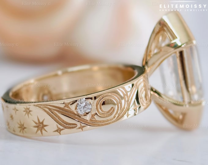 Vintage Hand Engraved Star & Swirl Band Art Deco Ring 3.5CT Hexagon Cut Moissanite Engagement Ring Statement Ring 10K Gold Wedding Ring