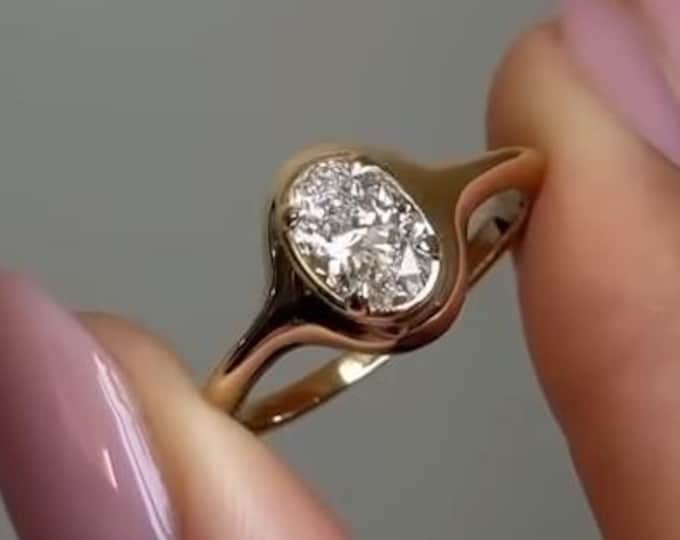 0.80CT Oval Lab Grown Diamond Engagement Ring, 14K Solid Gold Bezel Set Solitaire Ring, Minimalist Promise Ring, Proposal Ring for Her