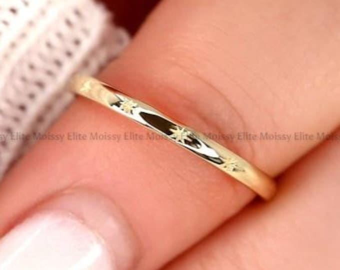 14K Gold Star Engraved Ring Celestial Band Handmade Ring Minimalist Dainty Stacking Engagement Ring Solid Gold Ring Gift For her