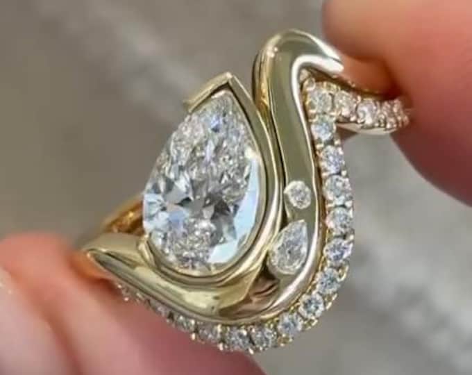 2CT Pear Shaped Lab Grown Diamond Engagement Ring Set Modern Bypass Twist Ring Unique Curved Bridal Ring, 14K Solid Gold Promise Ring