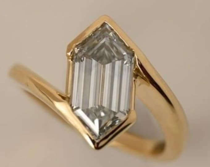 Unique Hexagon Cut Diamond Ring Lab Grown 14K Gold Bypass Engagement Ring Solitaire Wedding Ring Bridal Gift