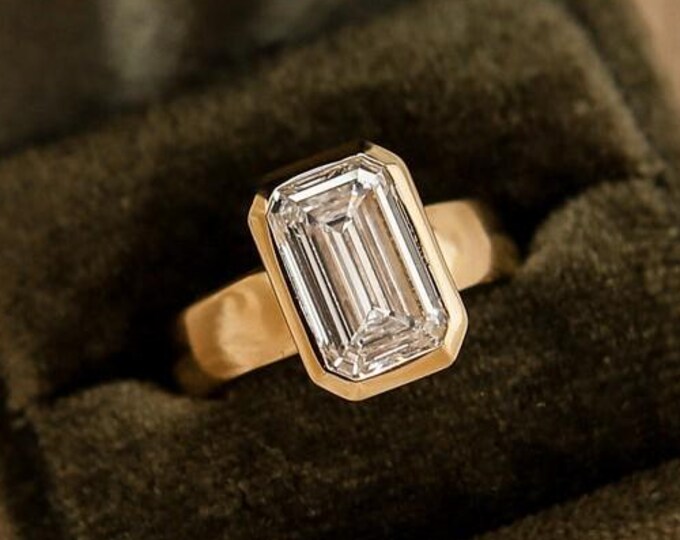 2.75 CT Emerald Cut Moissanite Engagement Ring, 14K Solid Gold Ring, Bezel Setting Ring, Solitaire Ring Comfort Fit Band Ring, Gift For Her