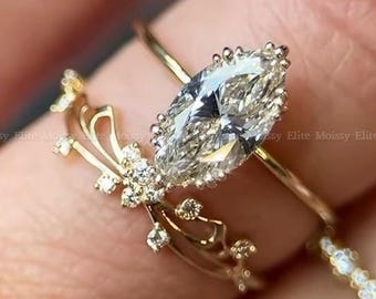 Anillo de diamantes talla marquesa de 2,5 quilates, conjunto de anillo de compromiso floral, anillo único de oro macizo de 14 quilates, conjunto de anillo nupcial, anillo de boda hecho a mano, delicado anillo de enredadera.