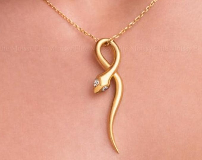 14K Solid Gold Snake Pendant Necklace Lab Grown Diamond Eye Serpent Necklace Minimalist Gold Snake Symbolic Protection Necklace Gift for Her