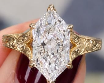 Anillo de compromiso de moissanita marquesa holandesa con filigrana, estilo art déco, con banda grabada, solitario, oro de 14 quilates, seis puntas, anillo de novia de diseño para ella.