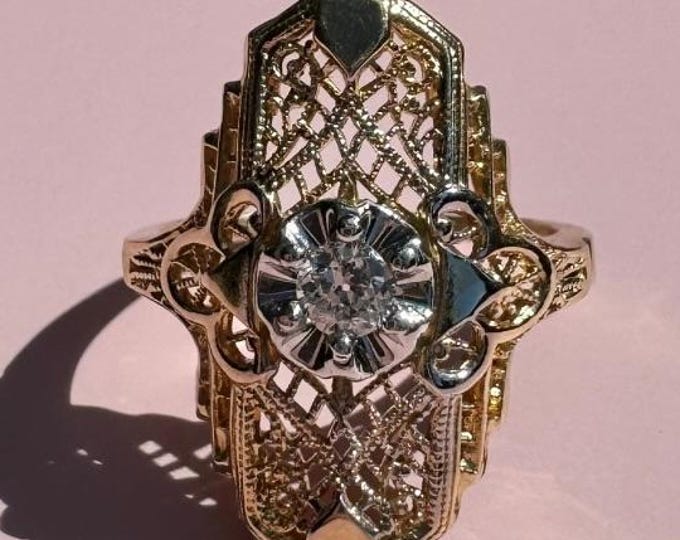Vintage Art Deco Filigree Engagement Ring, Ornate Engraved Round Cut Ring, Antique Inspired Statement Solitaire, 14K Solid Gold Wedding Ring