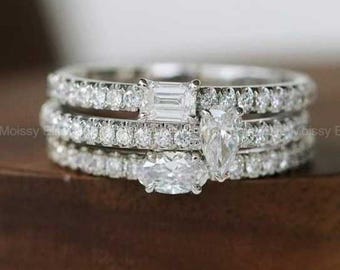 Smaragd-Birnen-Oval-Diamantring-Set, 3-teiliges Set aus im Labor gezüchteten Diamanten, Stapelringe im Smaragd-, Birnen- und Ovalschliff, Brautring-Set, Eheringe