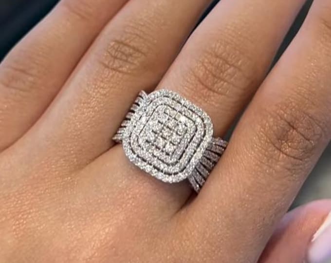 Round Lab Grown Diamond Cluster Engagement Ring, Double Halo Bridal Ring, Multi Row Pave Wedding Ring, Statement Ring for Women