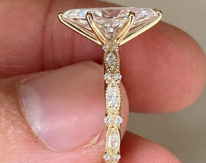 Vintage Milgrain Filigree Art Deco Ring 2CT Marquise Cut Lab Grown Diamond Engagement Ring High Profile Wedding Ring 14K Gold Ring