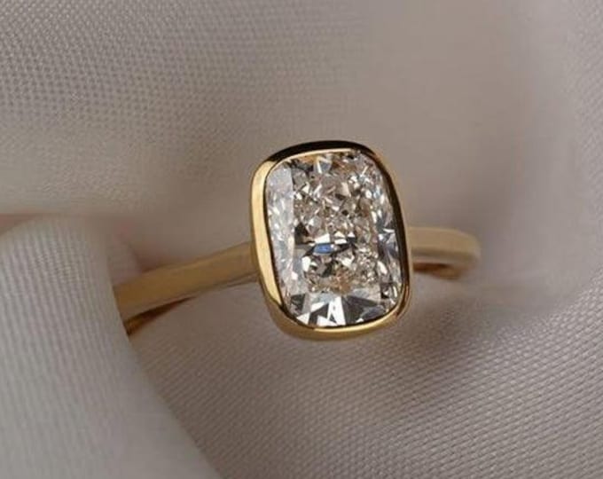 3CT Elongated Cushion Cut Solitaire Bezel Set Moissanite Engagement Ring, 14K Yellow Gold Solitaire Wedding Ring, Anniversary Ring For Her