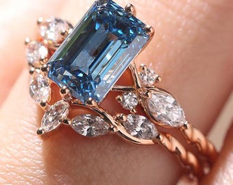 Vintage-Brautset mit blauem, im Labor gezüchtetem Diamanten, Verlobungsring im Smaragdschliff mit floralem Muster, von der Natur inspiriertes Blattdesign, Ehering-Set im Marquise-Schliff