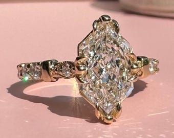 Anillo de compromiso de diamantes cultivados en laboratorio con talla marquesa holandesa de estilo vintage, anillo de boda Art Déco, anillo de oro macizo de 14 quilates, anillo de pedida de mano.