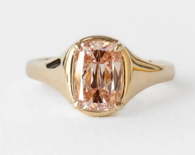 1.70CT Antique Elongated Cushion Pink Lab Grown Diamond Ring IGI Certified 14K Yellow Gold Bezel Solitaire Engagement Ring 2.5mm Band