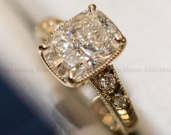 Pierścionek zaręczynowy z brylantem szlifu poduszkowego o masie 2,5 ct, 14-karatowe żółte złoto, obrączka ślubna w stylu art déco w stylu vintage, pierścionek Milgrain Solitaire, pierścionek ślubny