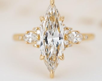 Anillo de compromiso de moissanita de corte marquesa de 2 quilates, anillo de oro amarillo de 14 quilates con racimo de diamantes, anillo nupcial de corte marquesa, anillo de compromiso para regalo de aniversario.