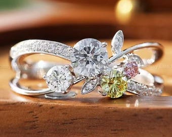 Naturinspirierter Verlobungsring mit floralem, im Labor gezüchtetem Diamanten im Rundschliff, Schmetterlingsblatt- und Zweig-Design, botanisches Ehering-Geschenk für Sie