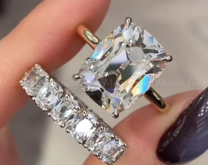 3.5CT Elongated Old Mine Cushion Cut Lab Grown Diamond Engagement Ring Set with Matching Wedding Band 14K Yellow Gold Bridal Ring Set