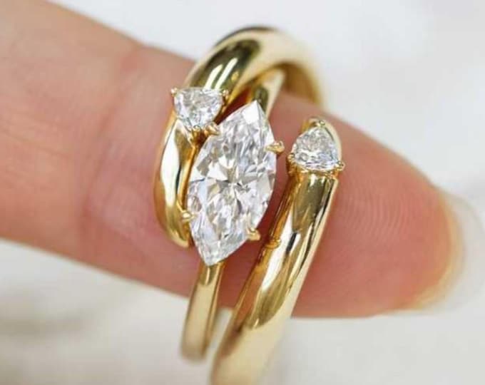 1.5CT Marquise Cut Lab Grown Diamond IGI Certified Ring Set Wrap Ring Set Open Cuff Engagement Ring Set 14K Yellow Gold Statement Ring