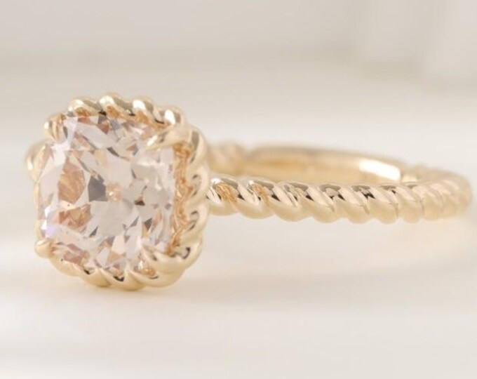 Vintage Twisted Rope Band Ring, 2 CT Old Mine Cushion Cut Ring, Scalloped Bezel Engagement Ring, 18K Gold Wedding Ring, Unique Promise Ring