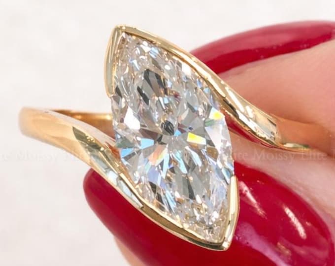 Half Bezel Marquise Cut Moissanite Engagement Ring Bypass Wedding Ring 14K Solid Gold Solitaire Ring Anniversary Gift for Women