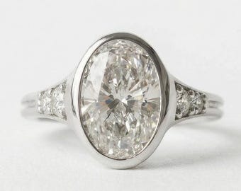 Verlobungsring mit ovalem 2,00-Karat-Moissanit, 14-karätiges Massivgold, farbloser Moissanit, Lünettenfassung, Versprechensring, Heiratsantragsring für Damen