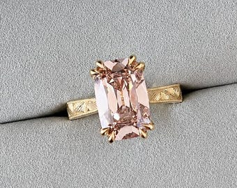 Antiker Ring mit 5,16 ct kissenförmigem, im Labor gezüchtetem Champagner-Diamanten, handgefertigter, gravierter Vintage-Verlobungsring im Art-Deco-Stil mit Kathedralenfassung und Doppelkrappenfassung.