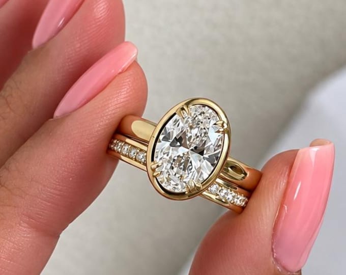2.5CT Oval Cut Moissanite Engagement Ring Set 14K Solid Gold Ring Set Bezel Double Prong Ring Channel Setting Band Wedding Ring Set