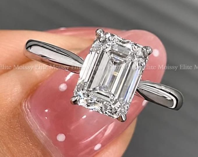 Emerald Cut Lab Grown Diamond Ring, Classic Solitaire Engagement Ring, Cathedral Setting Wedding Ring, 14K Gold Promise Ring for Her