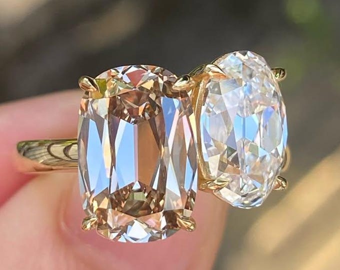 Old Mine Cushion & Old Mine Oval Cut Moissanite Engagement Ring Two Stone Toi et Moi Ring 18K Yellow Gold Wedding Ring Vintage Bridal Ring