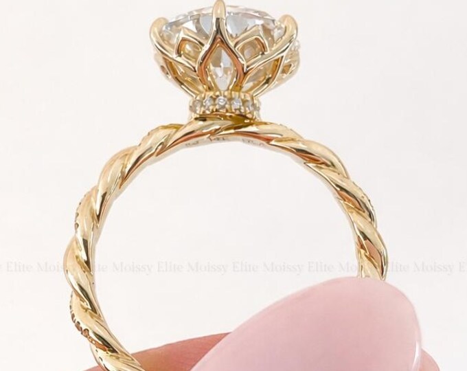 3CT Round Cut Lab Grown Diamond Engagement Ring, Twisted Rope Band, Tulip Cathedral Solitaire Ring, Vintage Bridal Ring
