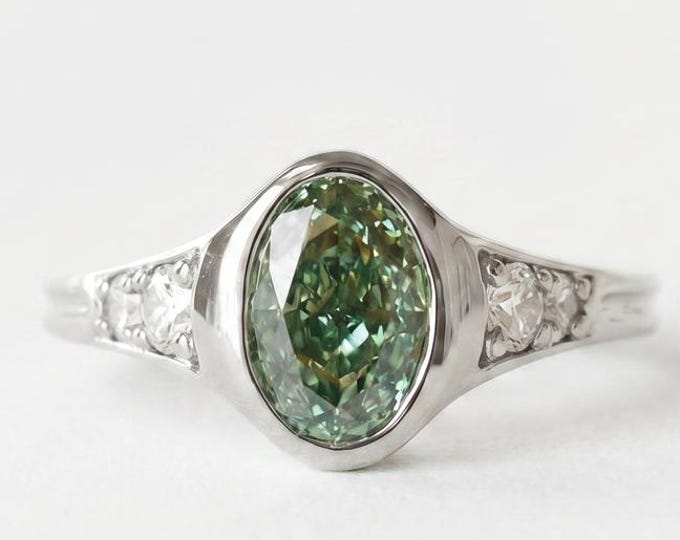 1.70CT Green Oval Cut Engagement Ring, 14K Solid Gold Ring, Green Moissanite Ring, Bezel Setting Ring, Promise Ring, Propose Ring For Women