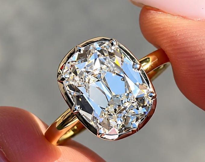Old Mine 3.50 CT Elongated Cushion Cut Moissanite & Lab-Grown CVD Diamond IGI Certified Engagement Ring 14K Solid Gold, Bezel Set Ring Gift