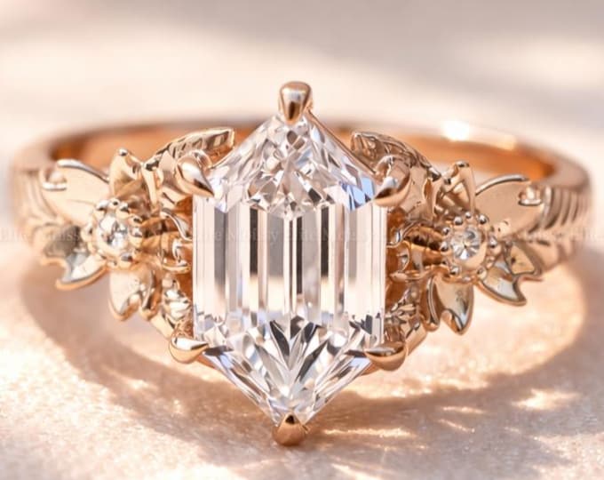 Nature Inspired Hexagon Diamond Ring, Floral Leaf Engagement Ring, Vintage Botanical Wedding Ring, Rose Gold Promise Ring