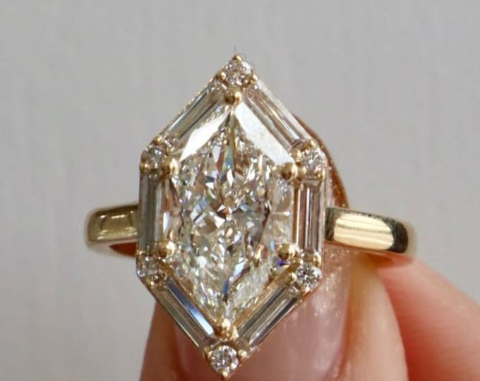 Dutch Marquise Cut Moissanite Ring, Yellow Gold Solitaire Ring, Baguettes Unique Halo Design Engagement Ring for Her, Promise Ring Gift Idea