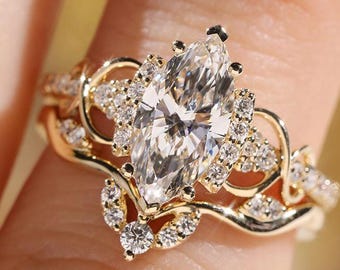 2CT Marquise Cut Lab Grown Diamond Engagement Ring 14K Solid Gold Floral Vine Setting Bridal Ring Set Sculpted Gold Swirls Ring