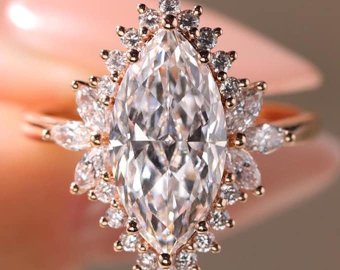 4.5CT Marquise Cut Floral Halo Lab Grown Diamond Ring IGI Certified Marquise Diamond Engagement Ring 14K Solid Gold Statement Cocktail Ring