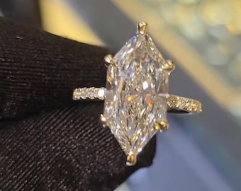 Anillo de compromiso de moissanita holandesa talla marquesa de 6 quilates, oro macizo de 14K y 18K, anillo único con halo oculto, anillo solitario de diamante de 6 puntas.