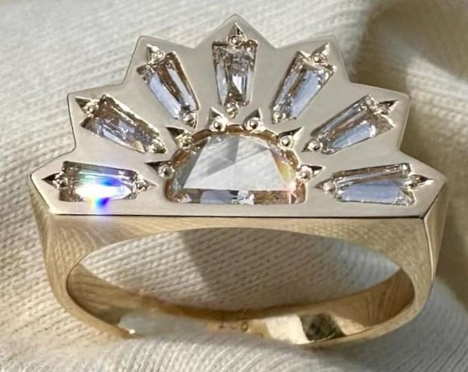 Rose Cut Half Moon Moissanite Ring, Sunburst Crown Ring, Tapered Baguette Moissanite, 14K Solid Gold Art Deco Engagement Ring, Art Deco Ring