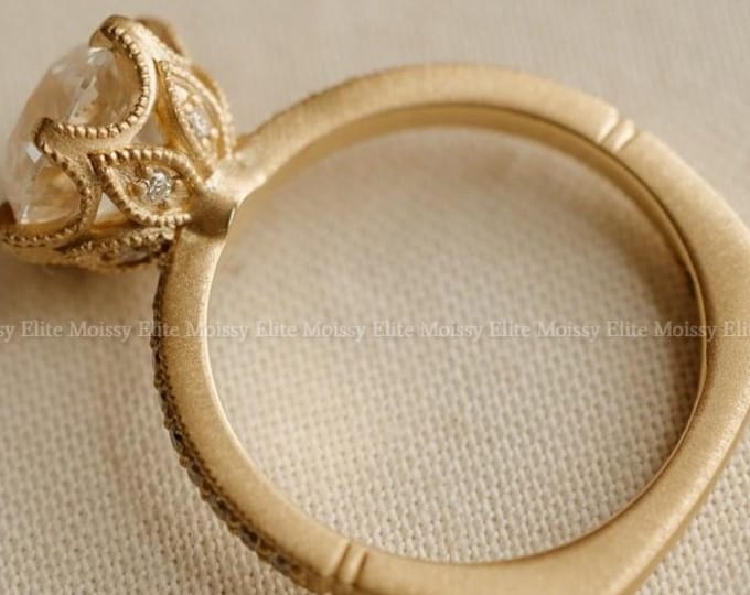 Vintage Art Deco Round Cut Moissanite Engagement Ring Handcrafted Engraved Filigree Tulip Basket Ring 14K Solid Gold Solitaire Ring