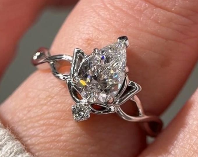 Lotus Pear Lab Grown Diamond Engagement Ring Floral Leaf Wedding Ring 10K White Gold Ring Vintage Botanical Solitaire Ring Nature Inspired