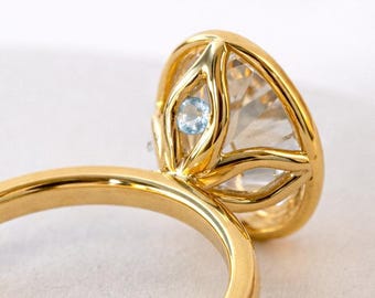 Anillo de compromiso con diamante cultivado en laboratorio de talla ovalada de 3 quilates, anillo bicolor, elegante anillo con engaste tipo tulipán, anillo atemporal con piedra oculta, anillo de oro macizo de 14 quilates.