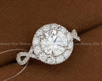 Verlobungsring mit Halo-Fassung, 1 Karat runder, im Labor gezüchteter Diamant, antiker, gedrehter Infinity-Pavé-Ring, 14 Karat Weißgold-Ehering für Damen, Heiratsantragsring