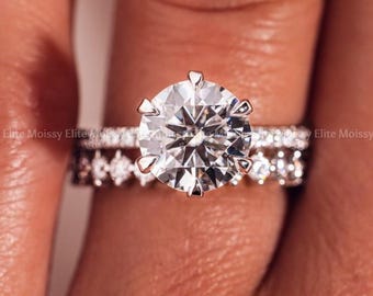 Anillo de compromiso con diamante redondo brillante de 3 quilates cultivado en laboratorio, engaste de 6 puntas, perfil bajo, alianza de eternidad.