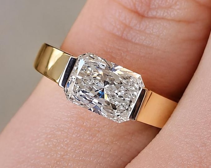 Radiant Cut Tension Set Engagement Ring Floating Solitaire Ring Minimalist Solid Gold Ring Modern Wedding Ring for Women