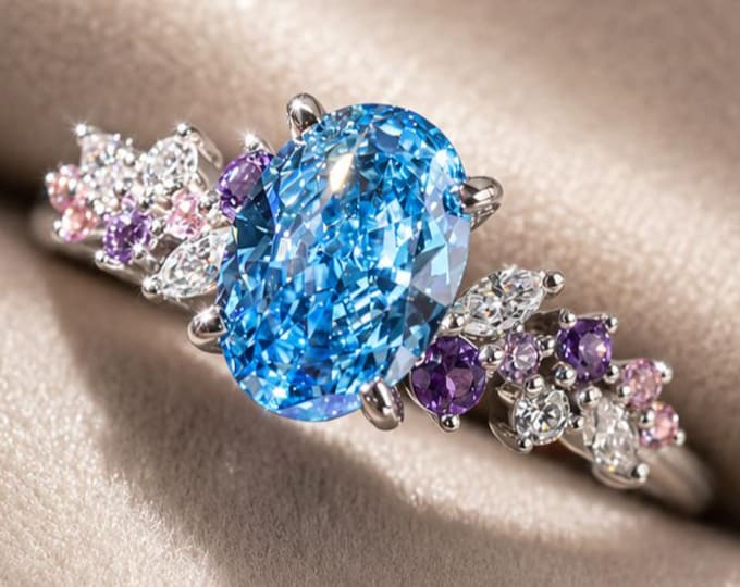 2.5CT Oval Shaped Blue Lab Grown Diamond Cluster Setting Ring, Nature Inspired Engagement Ring, 14K Solid Gold Ring Wedding Ring for Her