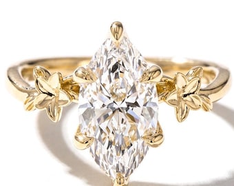Gorgeous Flower Nature Inspired Ring, 3CT Marquise Lab Grown Diamond Engagement Ring, Floral Wedding Ring, Vintage Style Art Deco Ring