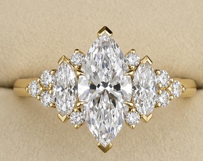 2.5CT Marquise Cut Lab Grown Diamond Engagement Ring Cluster Diamond Bridal Ring 14K 18K Solid Gold Wedding Ring IGI Certified Diamond Ring