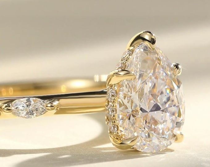 1.2CT Pear Cut Lab Grown Diamond Engagement Ring, Hidden Halo Solitaire Ring, Marquise Accent Bridal Ring, Yellow Gold Proposal Ring